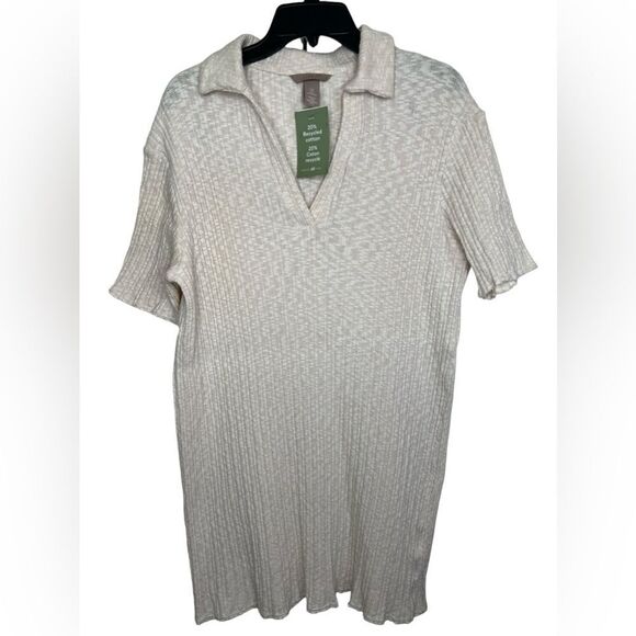H&M Natural White Short Sleeve Collared Ribbed Dress Size Medium - Picture 1 of 9